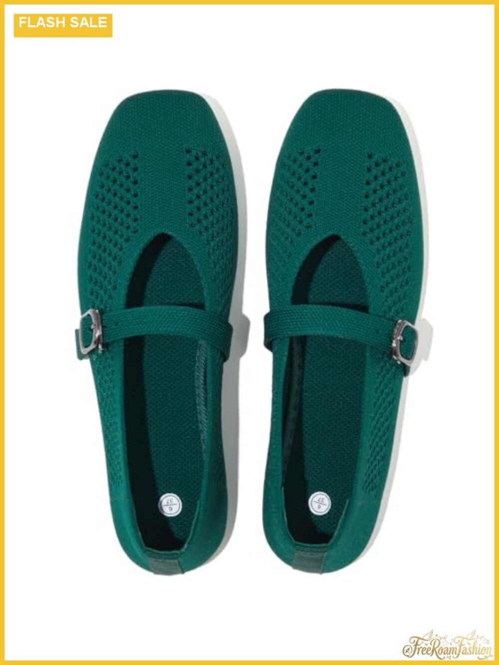 Womens Square Toe Ballet Flats Breathable Knit Mary Jane Buckle Comfort Work